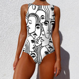 Women Abstract Face Design Backless Onepiece Swimsuit