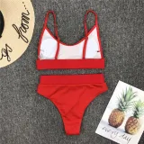Women Solid Color Fabric Stitching Sexy High Waist Bikinis Sets