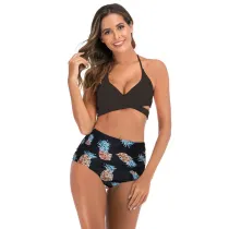 Women Prints Flowers Cross Up High Waist Bikinis Sets Swimwear