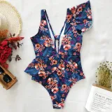 Women Deep V-neck One Shoulder Ruffles Floral Onepiece Swimsuit