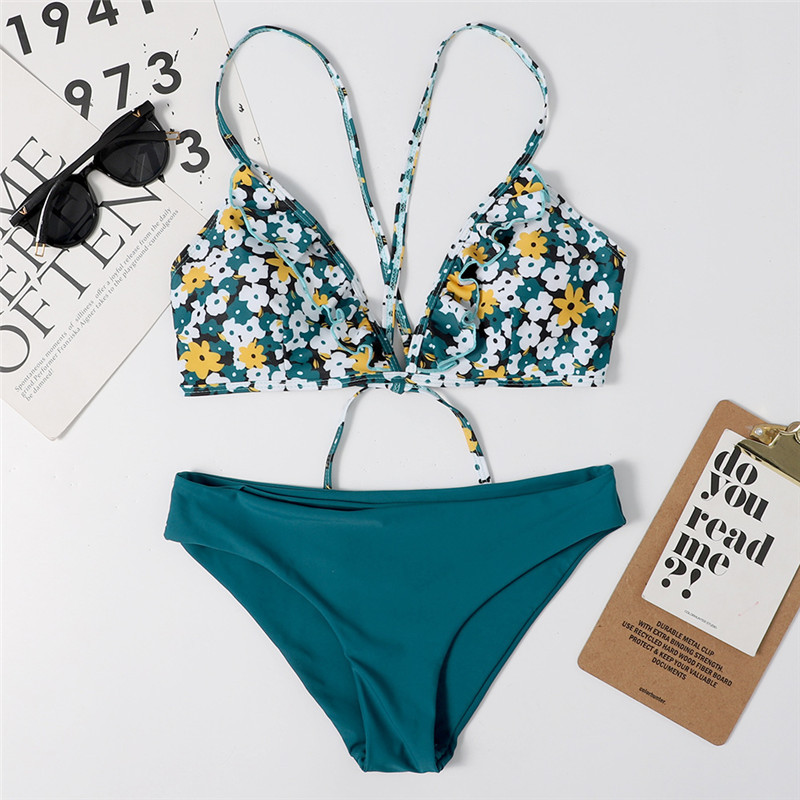Women Prints Blue Flowers Bikinis Sets Swimwear