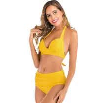 Women Halter Pure Color High Waist Bikinis Sets Swimwear