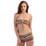 Women Rainbow Hand Crocheted Tube Top Lace Up Bikinis Sets Swimwear
