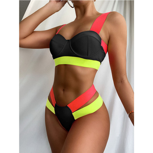 Women Color Matching Cut Out Contrast Elastic Steel Bracket Bikinis Sets Swimwear