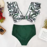 Women Prints Green Leaves Ruffles Sleeves Top High Waist Bikinis Sets Swimwear