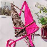 Women Leopard Print Color Matching Cross Over One Piece Swimsuit