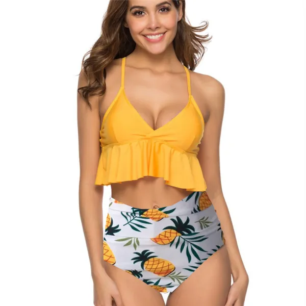 Women Ruffled Top Prints Pineapples High Waist Bikinis Sets Swimwear