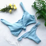Women Concealed Button Slip Solid Color Bikinis Sets Swimwear