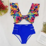 Women Prints Flowers Ruffles Sleeves Top High Waist Bikinis Sets Swimwear