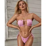 Women Ruffles Tube Up Pure Colour Bikinis Sets Swimwear