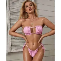Women Ruffles Tube Up Pure Colour Bikinis Sets Swimwear