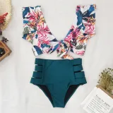Women Prints Flowers Toucan Leaves Ruffles Sleeves Top High Waist Bikinis Sets Swimwear