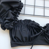 Women Ruffles Short Sleeve Strapless Frill Tie Up Swimwear Bikinis Sets