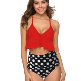 Women Ruffled Top Prints Dots Flowers High Waist Bikinis Sets Swimwear