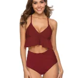Women Ruffled Top Prints Dots Flowers High Waist Bikinis Sets Swimwear