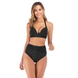 Women Halter Pure Color High Waist Bikinis Sets Swimwear