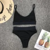 Women Solid Color Fabric Stitching Sexy High Waist Bikinis Sets