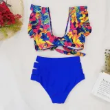 Women Prints Flowers Ruffles Sleeves Top High Waist Bikinis Sets Swimwear