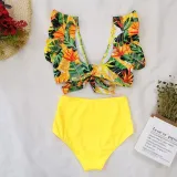 Women Prints Green Leaves Ruffles Sleeves Top High Waist Bikinis Sets Swimwear