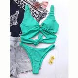 Women Bikinis Halter Circular Ring Two Piece V-neck Swimwear Set