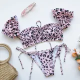 Women Ruffles Short Sleeve Strapless Frill Tie Up Swimwear Bikinis Sets