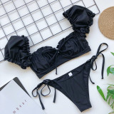 Women Ruffles Short Sleeve Strapless Frill Tie Up Swimwear Bikinis Sets
