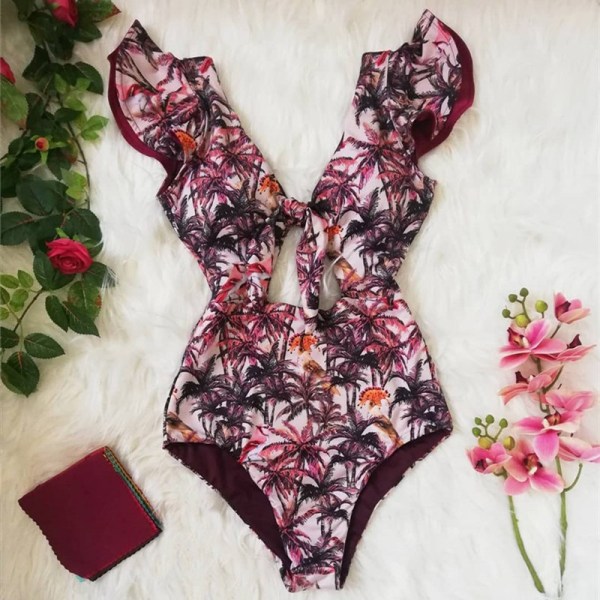Women Deep V-neck Ruffles Floral Onepiece Swimsuit