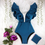 Women Deep V-neck Ruffles Floral Onepiece Swimsuit
