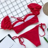 Women Ruffles Short Sleeve Strapless Frill Tie Up Swimwear Bikinis Sets