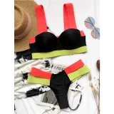 Women Color Matching Cut Out Contrast Elastic Steel Bracket Bikinis Sets Swimwear