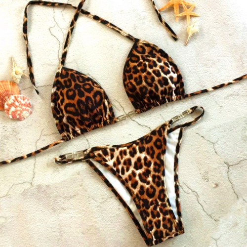 Women Prints Leopard Metallic Triangle Bikinis Sets Swimwear