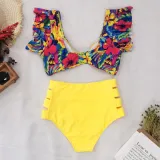 Women Prints Flowers Ruffles Sleeves Top High Waist Bikinis Sets Swimwear