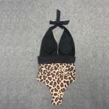 Women Leopard Print Halter High Wasit V-neck Onepiece Swimsuit
