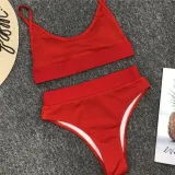 Women Solid Color Fabric Stitching Sexy High Waist Bikinis Sets