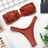 Women Tube Top Bikinis Chest Wrap Strapless Frill Bandeau V-neck Swimwear Bikinis Sets