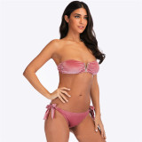 Women Pink Velvet Pleated Tube Top V-neck Strapless Bikinis Sets Swimwear