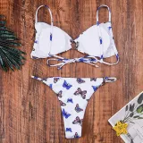Women Prints Butterflies Triangle Top Metal Ring Bikinis Sets Swimwear