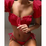 Women Ruffles Short Sleeve Strapless Frill Tie Up Swimwear Bikinis Sets