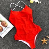 Women Pure Color Cross Over Backless One Piece Swimsuit