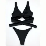 Women Bikinis Halter Circular Ring Two Piece V-neck Swimwear Set