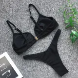 Women V-neck Triangle Bikinis Steel Bracket Pure Color Swimwear Bikinis Sets