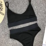 Women Solid Color Fabric Stitching Sexy High Waist Bikinis Sets