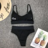 Women Solid Color Fabric Stitching Sexy High Waist Bikinis Sets
