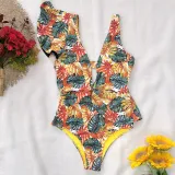 Women Deep V-neck One Shoulder Ruffles Floral Onepiece Swimsuit