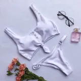 Women Concealed Button Slip Solid Color Bikinis Sets Swimwear