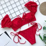 Women Ruffles Short Sleeve Strapless Frill Tie Up Swimwear Bikinis Sets