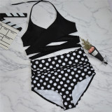 Women White Dots Stripes Cross Up High Waist Bikinis Sets Swimwear