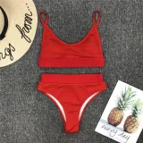 Women Solid Color Fabric Stitching Sexy High Waist Bikinis Sets