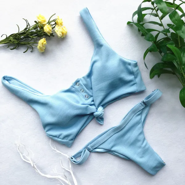 Women Concealed Button Slip Solid Color Bikinis Sets Swimwear