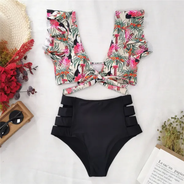 Women Prints Flowers Toucan Leaves Ruffles Sleeves Top High Waist Bikinis Sets Swimwear